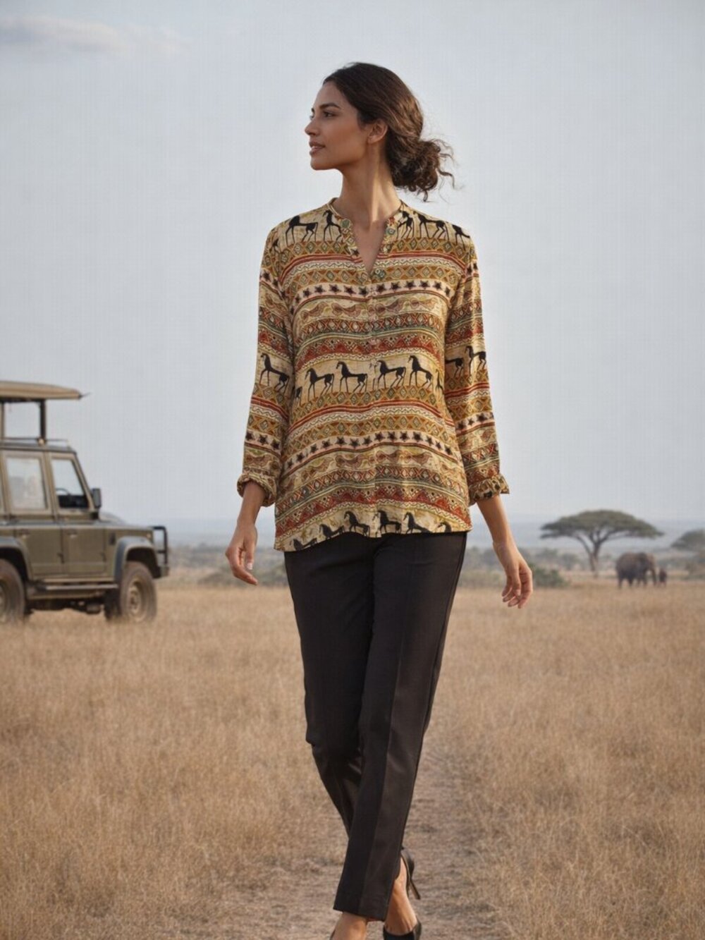 Safari Sheer Aztec Button Up Lightweight Western Graphic Long Sleeve Top Woman M